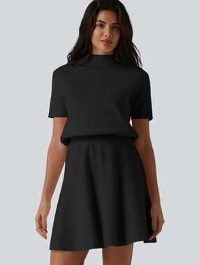 HALARA Black Short Sleeve Mock Neck A-Line Dress